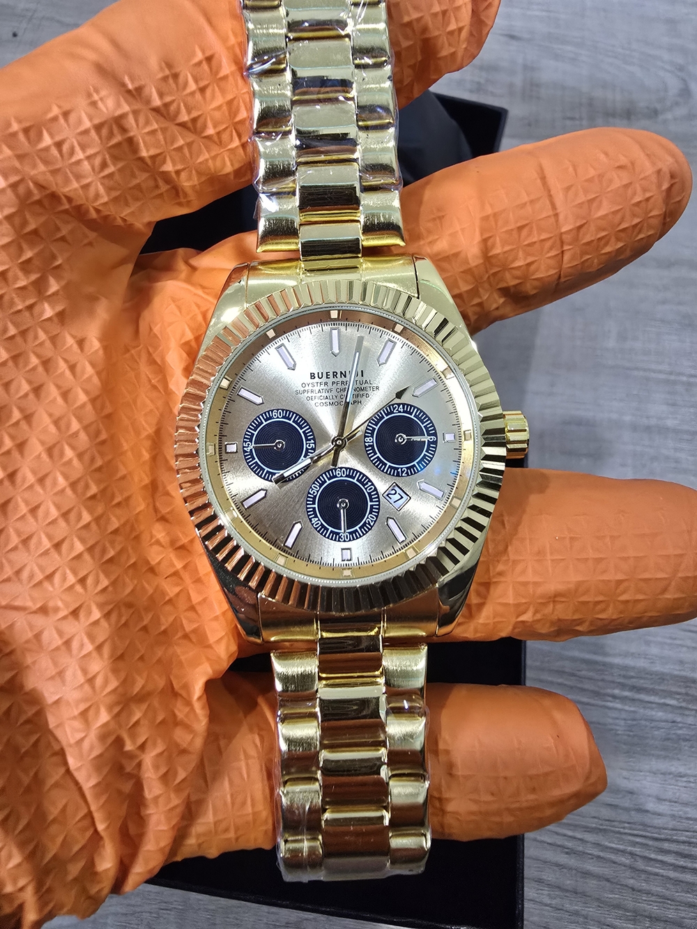 Authomatic Gold Tone Chronograph Bracelet Watch - Gold and Black Dial